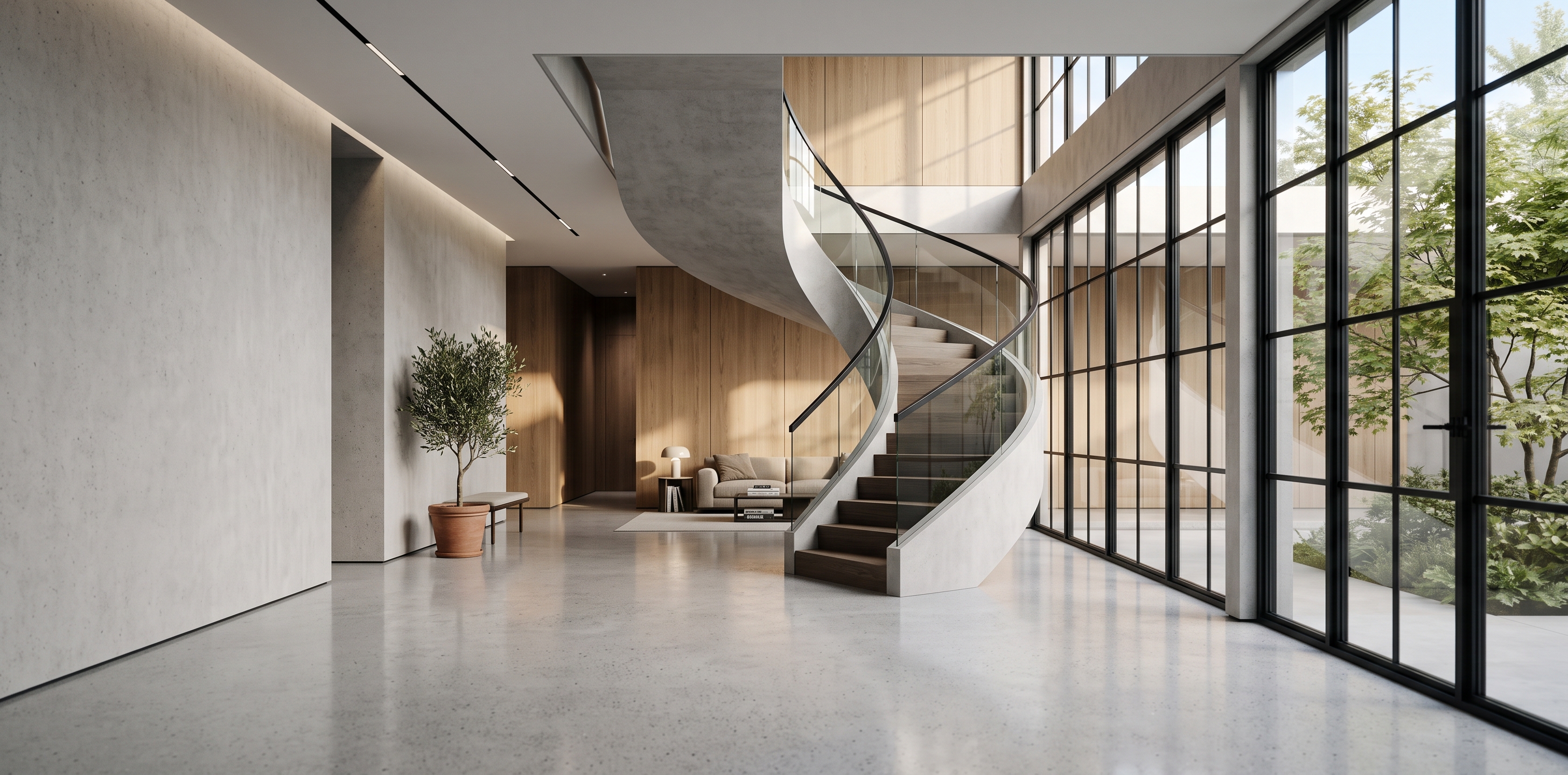 Modern architectural interior with spiral staircase